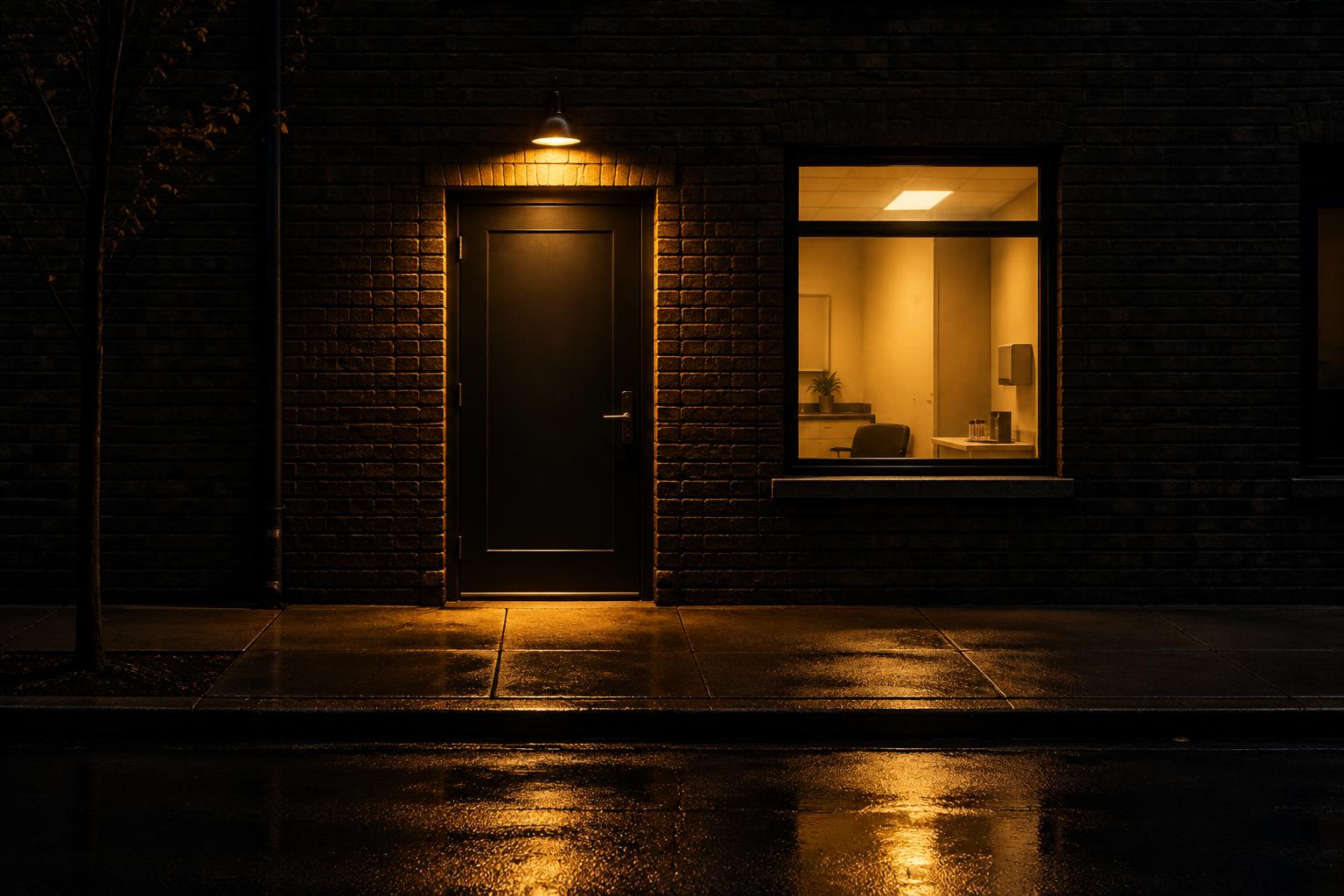 A discreet office doorway lit warmly at night above an empty Dallas sidewalk