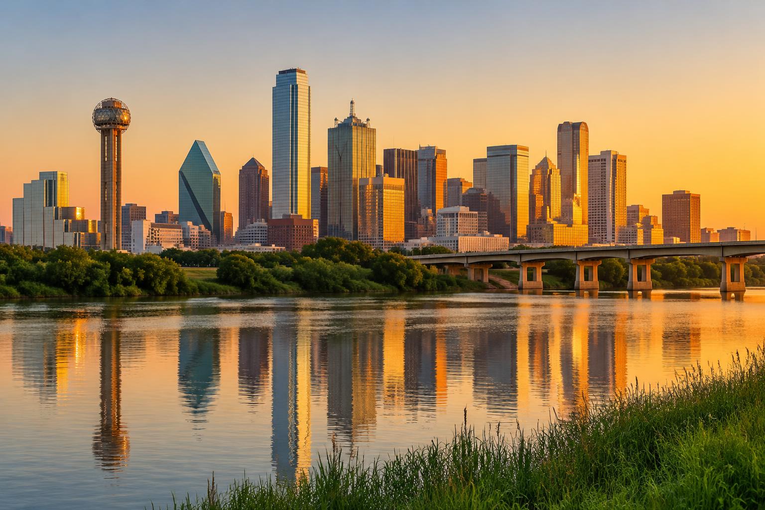 The Dallas, Texas skyline at golden hour, seen across the Trinity River