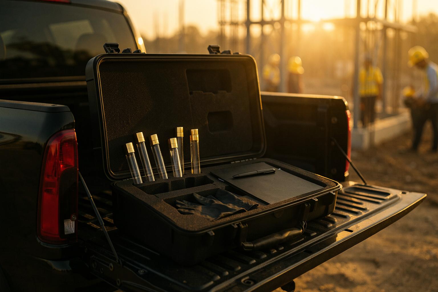 An open collection case with gold-capped vials and a notepad on a pickup tailgate at a construction site
